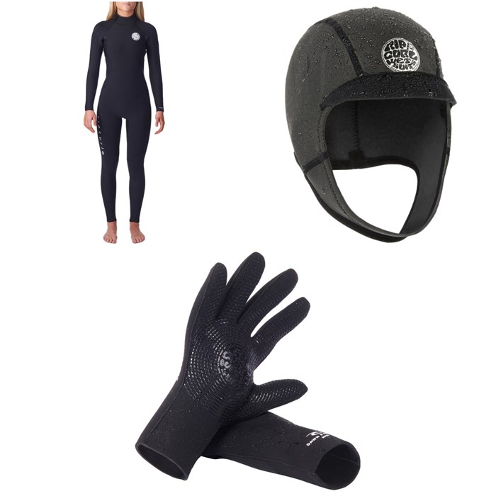 Rip Curl - 5/3 Dawn Patrol Back Zip Wetsuit - Women's + Dawn Patrol Wetsuit Hood + 3mm Dawn Patrol Wetsuit Gloves