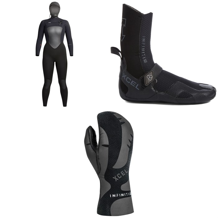 XCEL - 5/4 Infiniti Hooded Wetsuit - Women's + 5mm Infiniti Round Toe Wetsuit Boots + 5mm Infiniti Wetsuit Mittens