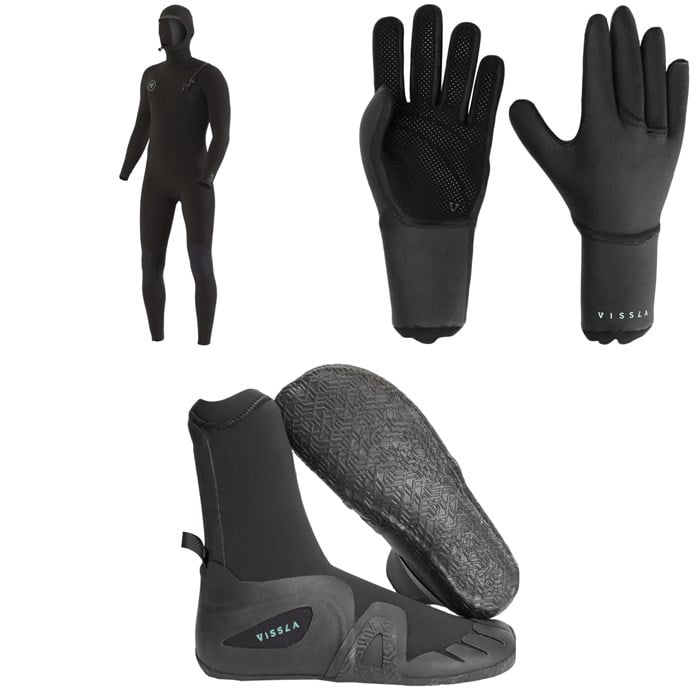 Vissla - 7 Seas 5/4 Chest Zip Hooded Wetsuit + 3mm 7 Seas Wetsuit Gloves + 5mm 7 Seas Round Toe Wetsuit Boots