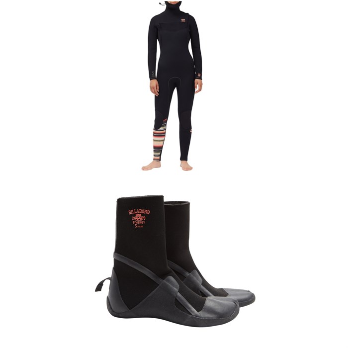 Billabong - 5/4 Furnace Comp Chest Zip Hooded Wetsuit + 5mm Furnace Synergy Split Toe Wetsuit Boots - Women's