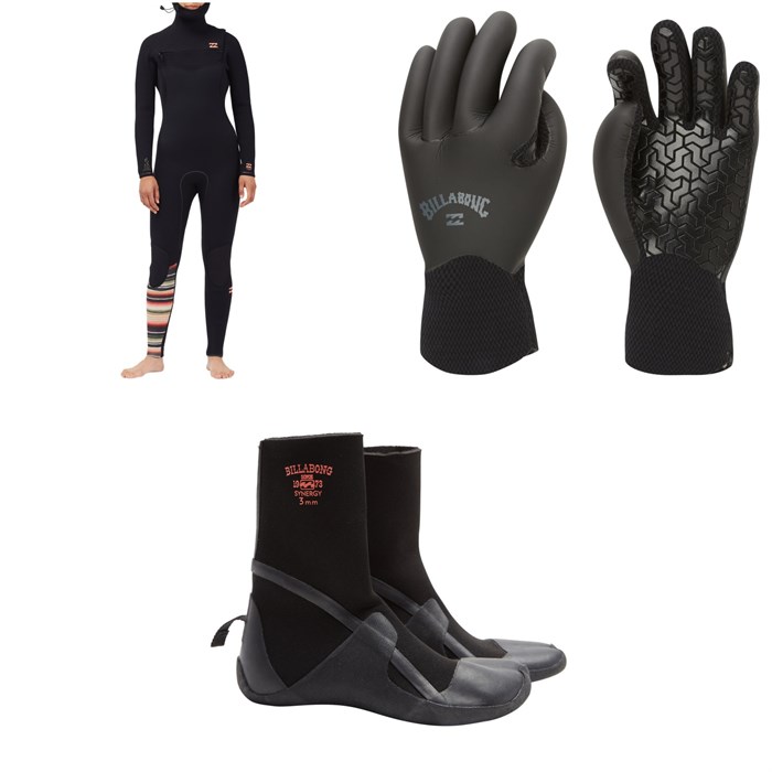Billabong - 5/4 Furnace Comp Chest Zip Hooded Wetsuit + 5mm Furnace Wetsuit Gloves + 5mm Furnace Synergy Split Toe Wetsuit Boots - Women's