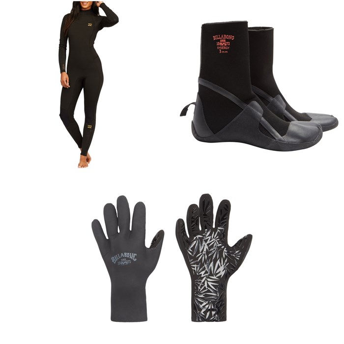 Billabong - 4/3 Synergy Back Zip GBS Wetsuit + 3mm Synergy HS Wetsuit Boots + 2mm Synergy Wetsuit Gloves - Women's