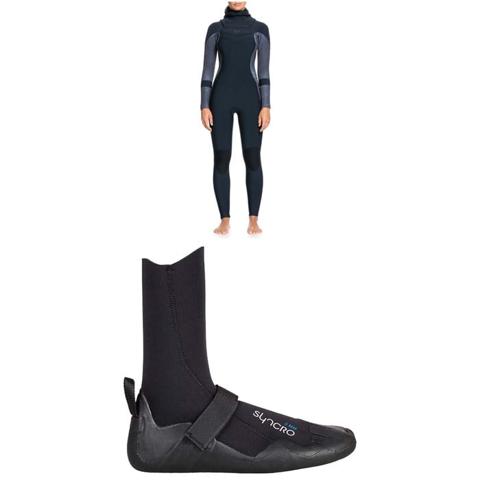Roxy - 5/4/3 Syncro Chest Zip GBS Hooded Wetsuit + Syncro 5mm Round Toe Wetsuit Boots - Women's