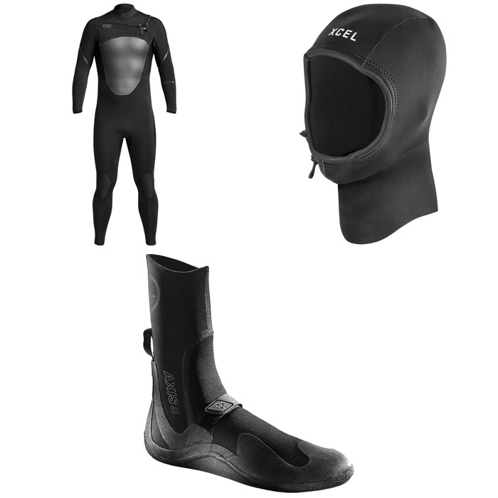 XCEL - 4/3 Axis X Wetsuit + 2mm Axis Wetsuit Hood + 3mm Axis Round Toe Wetsuit Boots