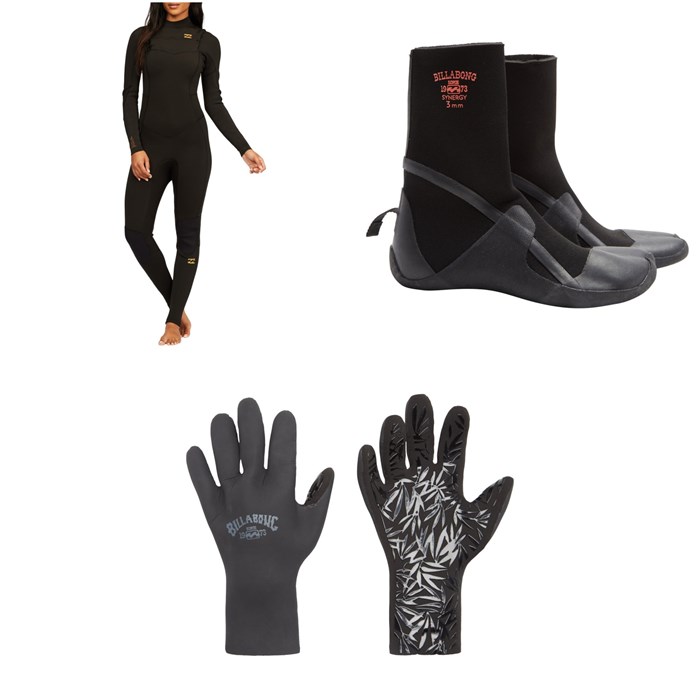 Billabong - 4/3 Synergy Chest Zip Wetsuit + 3mm Synergy HS Wetsuit Boots + 2mm Synergy Wetsuit Gloves - Women's