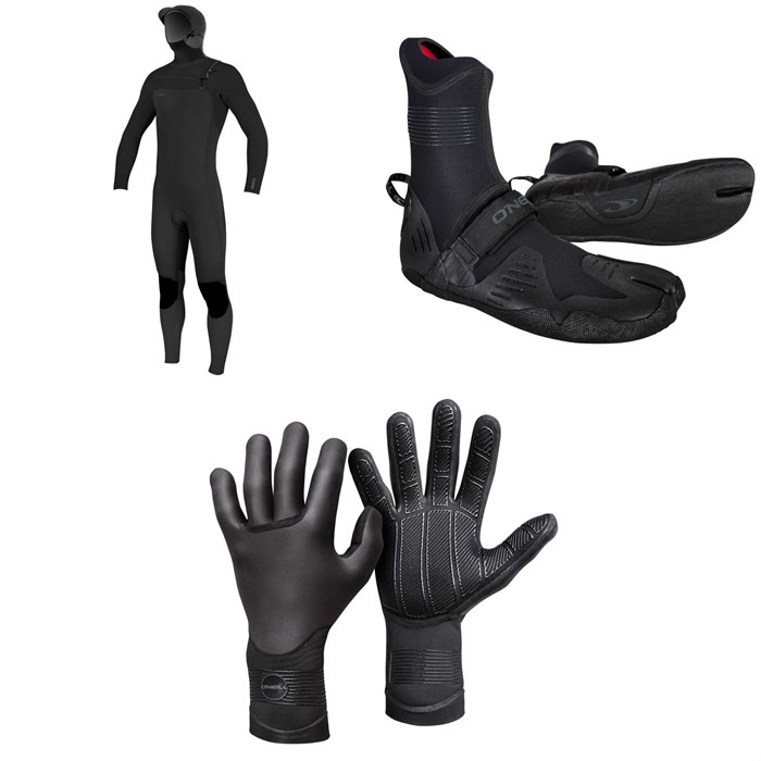 O'Neill - 5/4+ Hyperfreak Chest Zip Hooded Wetsuit + 5mm Psycho Tech ST Wetsuit Boots + 3mm Psycho Tech Gloves