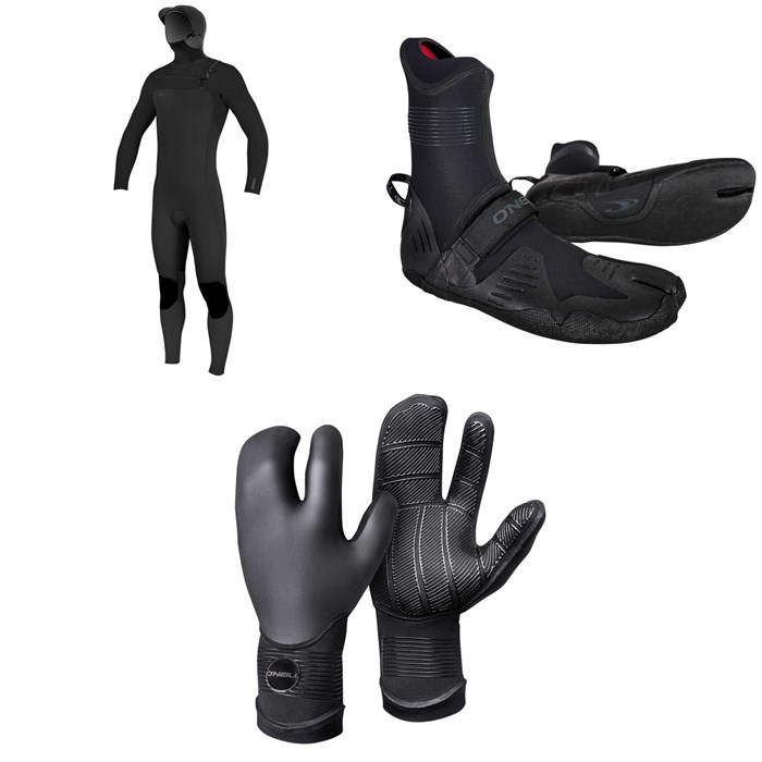 O'Neill - 5/4+ Hyperfreak Chest Zip Hooded Wetsuit + 5mm Psycho Tech ST Wetsuit Boots + 5mm Psycho Tech Lobster Gloves