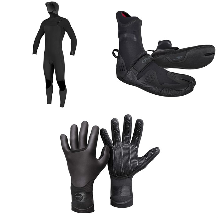 O'Neill - 4/3+ Hyperfreak Chest Zip Hooded Wetsuit + 3/2 Psycho Tech Split Toe Wetsuit Boots + 3mm Psycho Tech Gloves
