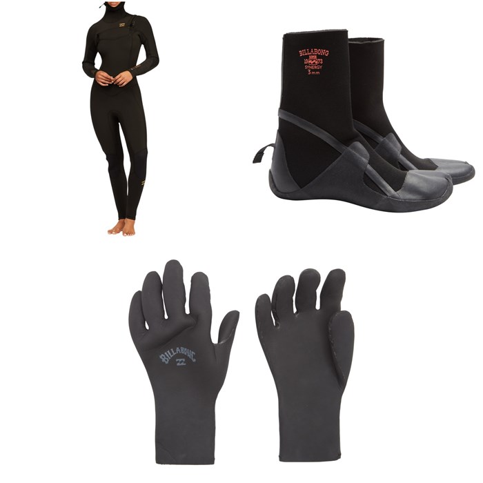 Billabong - Billabong 5/4 Synergy Chest Zip Hooded Wetsuit - Women's + 5mm Furnace Synergy Split Toe Wetsuit Boots - Women's + 5mm Absolute 5 Finger Wetsuit Gloves