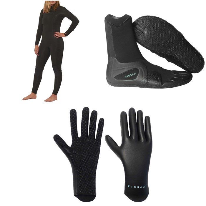 Sisstrevolution - 4/3 7 Seas Chest Zip Wetsuit - Women's + Vissla 3mm 7 Seas Split Toe Wetsuit Boots + Vissla 1.5mm High Seas Wetsuit Gloves