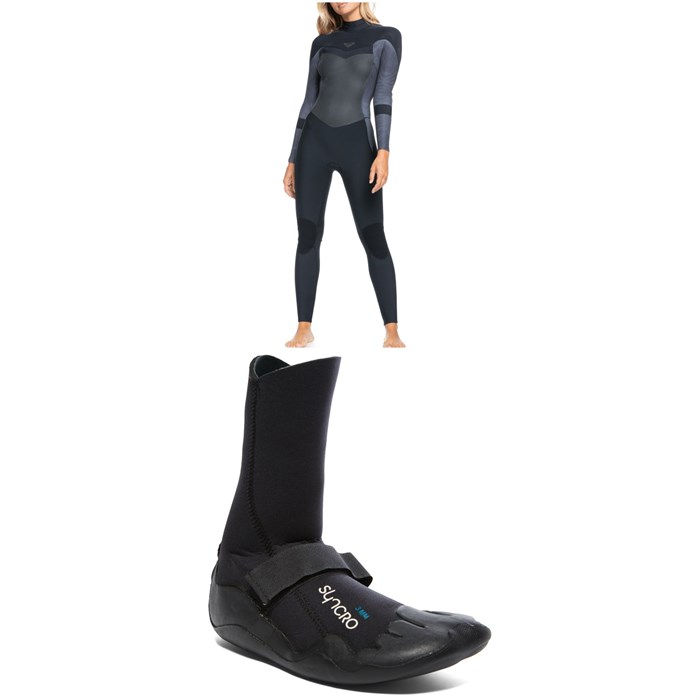 Roxy - 4/3 Syncro Back Zip Wetsuit + 3mm Syncro Round Toe Wetsuit Boots - Women's