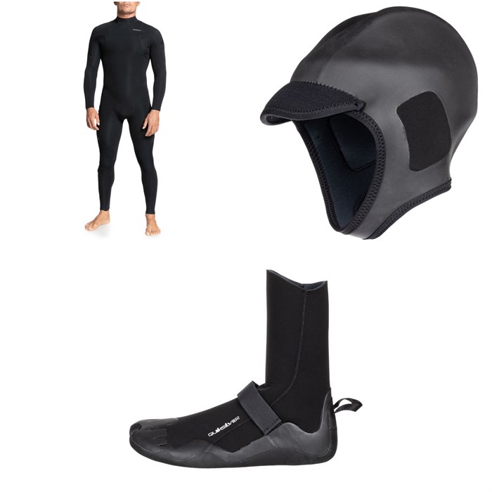 Quiksilver - 4/3 Everyday Sessions Back Zip GBS Wetsuit + 2mm M-Sessions Surf Wetsuit Cap + 3mm Everyday Sessions Round Toe Wetsuit Boots