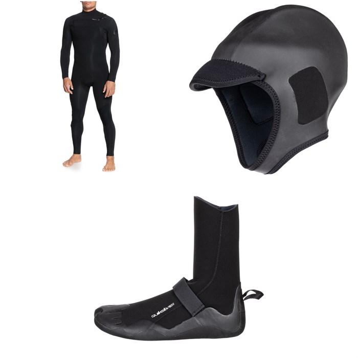 Quiksilver - 4/3 Everyday Sessions Chest Zip GBS Wetsuit + 2mm M-Sessions Surf Wetsuit Cap + 3mm Everyday Sessions Round Toe Wetsuit Boots