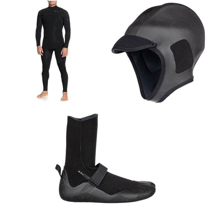 Quiksilver - 4/3 Everyday Sessions Chest Zip GBS Wetsuit + 2mm M-Sessions Surf Wetsuit Cap + 3mm Everyday Sessions Round Toe Wetsuit Boots