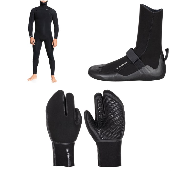 Quiksilver - 5/4/3 Everyday Sessions Chest Zip Hooded Wetsuit + 5mm Everyday Sessions Round Toe Wetsuit Boots + 5mm Marathon Sessions 3 Finger Wetsuit Mittens