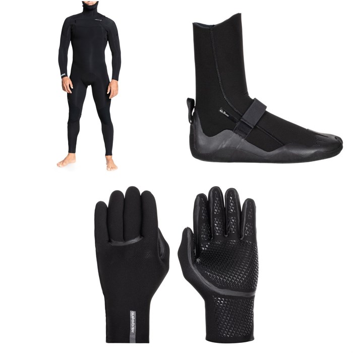 Quiksilver - 5/4/3 Everyday Sessions Chest Zip Hooded Wetsuit + 5mm Everyday Sessions Round Toe Wetsuit Boots + 3mm Marathon Sessions 5 Finger Wetsuit Gloves