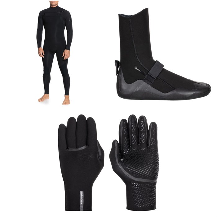 Quiksilver - 5/4/3 Everyday Sessions Chest Zip GBS Wetsuit + 5mm Everyday Sessions Round Toe Wetsuit Boots + 3mm Marathon Sessions 5 Finger Wetsuit Gloves