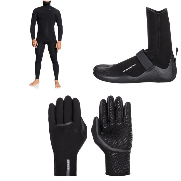 Quiksilver - 4/3 Everyday Sessions Chest Zip Hooded Wetsuit + 3mm Everyday Sessions Split Toe Wetsuit Boots + 3mm Marathon Sessions 5 Finger Wetsuit Gloves
