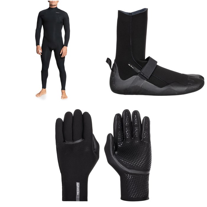 Quiksilver - 4/3 Everyday Sessions Back Zip GBS Wetsuit + 3mm Everyday Sessions Round Toe Wetsuit Boots + 3mm Marathon Sessions 5 Finger Wetsuit Gloves