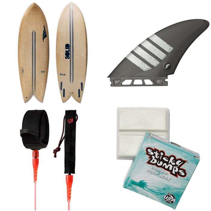 Solid Surf Co - Throwback Surfboard + Futures Controller Alpha Quad Fin Set + Creatures of Leisure Pro 6' Surf Leash + Sticky Bumps Basecoat Wax