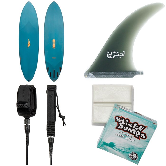 Solid Surf Co - King Pin Surfboard + True Ames Greenough 4-A Longboard Fin + Creatures of Leisure Pro 8' Surf Leash + Sticky Bumps Basecoat Wax