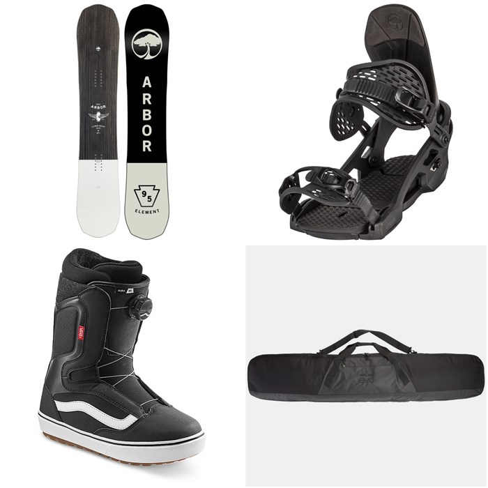 Arbor - Element Rocker Snowboard + Spruce Snowboard Bindings + Vans Aura OG Snowboard Boots 2023 + evo Padded Snowboard Bag