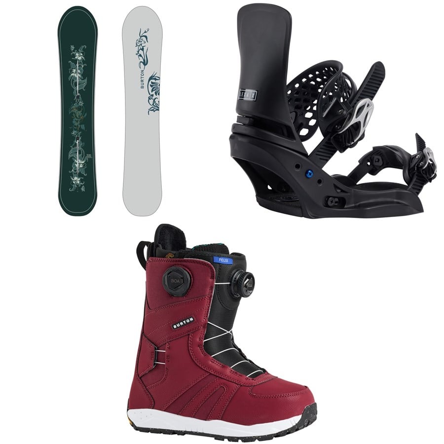 evo Burton Feelgood Flying V Snowboard + Lexa Snowboard Bindings