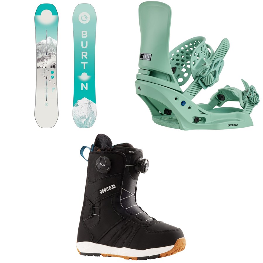 evo Burton Feelgood Flying V Snowboard + Lexa Snowboard Bindings
