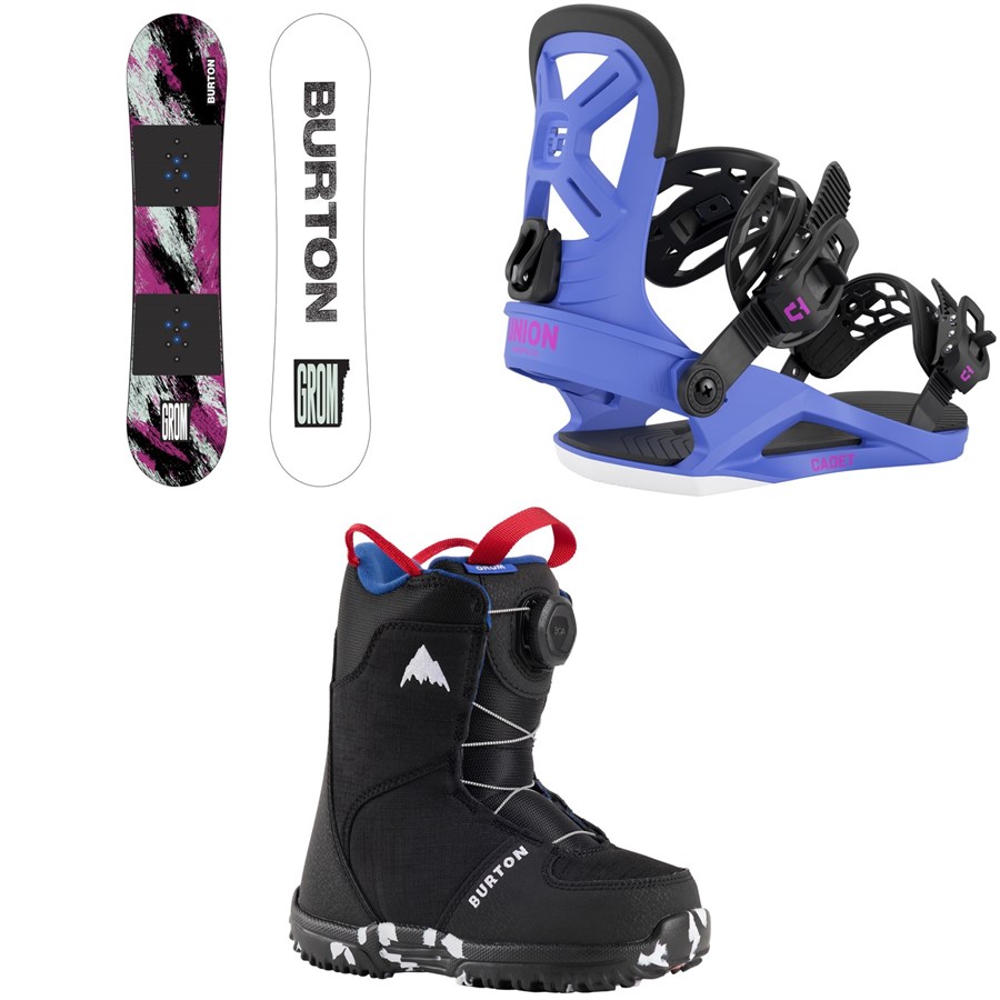 evo Burton Grom Snowboard + Union Cadet Snowboard Bindings + Grom BOA Snowboard Boots - Kids' 2026