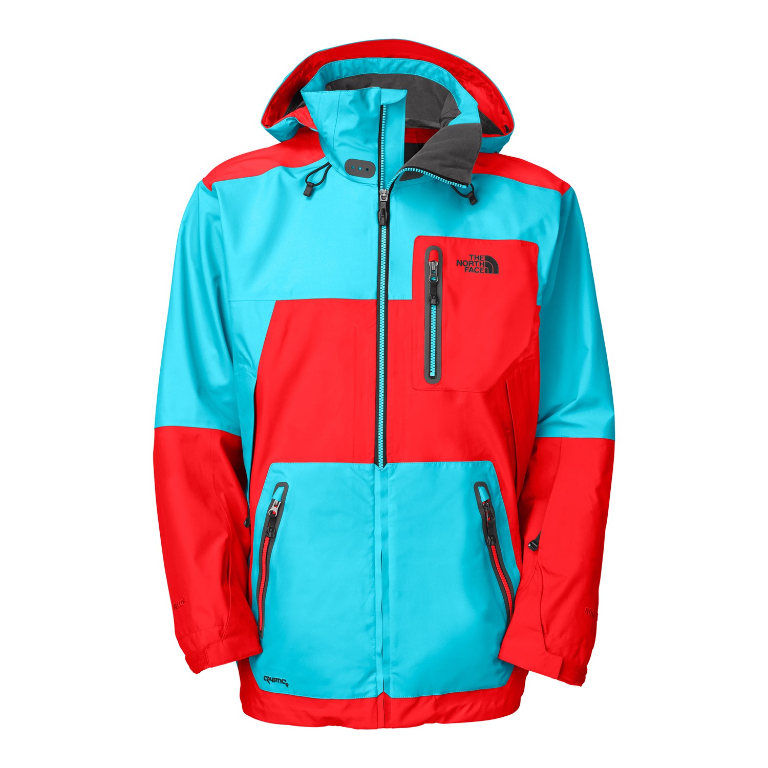 red and blue north face jacket