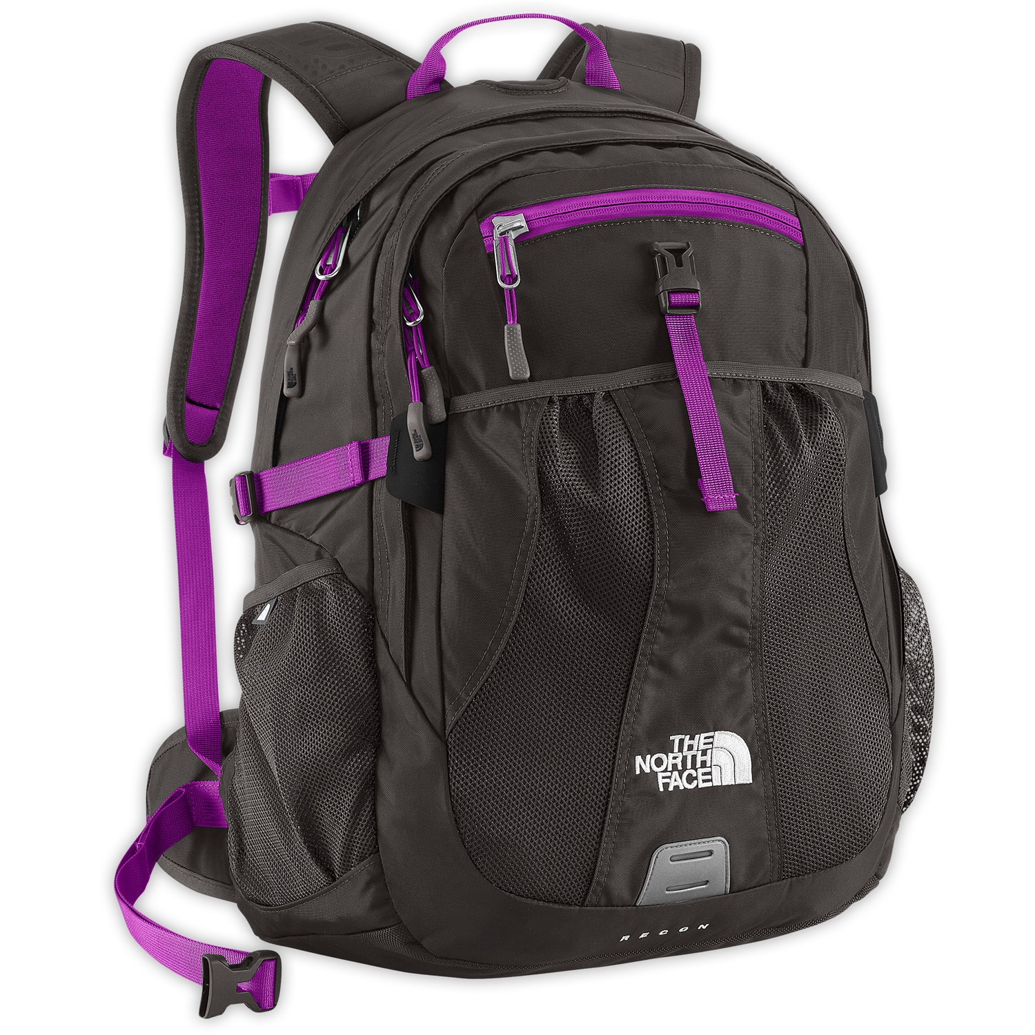 grey and purple north face backpack